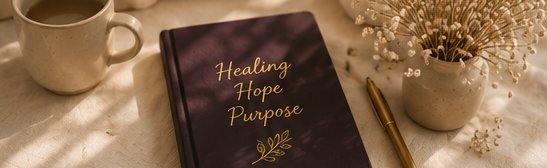 A book reading Healing, Hope, Purpose beside a cup of coffee, pen, and dried flowers
