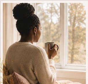 A woman seen from behind, holding a mug, looking out a window