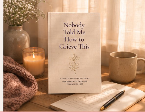 The Nobody Told Me How to Grieve This guide styled on a wooden table with flowers, a candle, and a journal