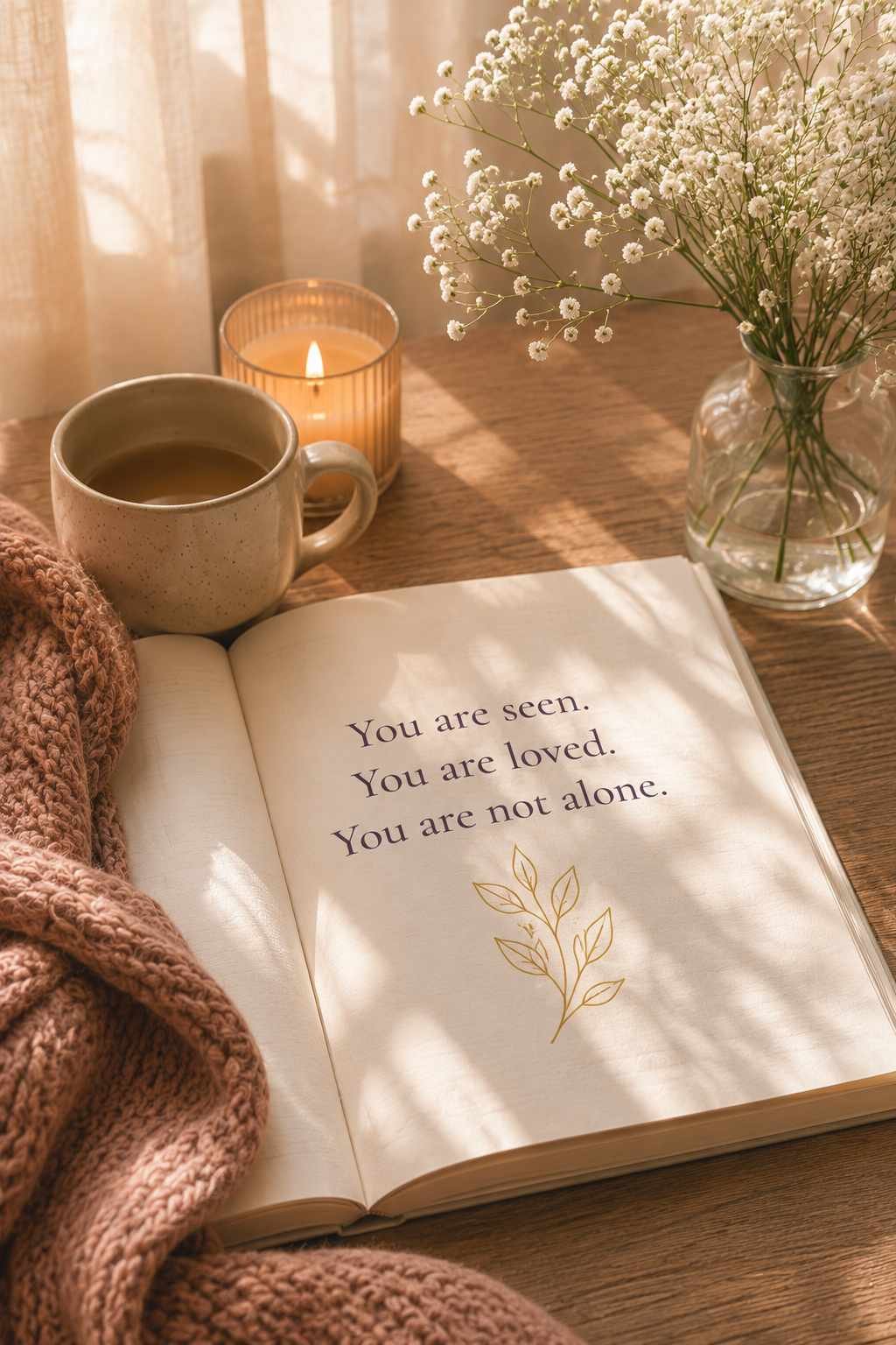 An open journal reading You are seen, you are loved, you are not alone, beside a cup of coffee, candle, and flowers