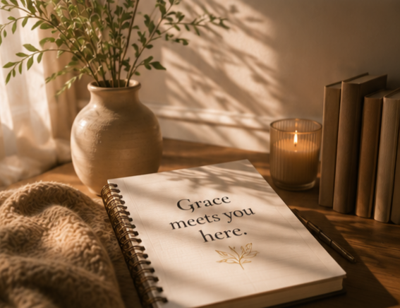 A spiral journal reading Grace meets you here, beside a candle and olive branch in warm afternoon light