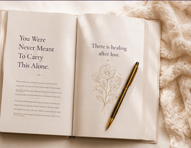 An open journal resting on a soft blanket, its page reading There is healing after loss