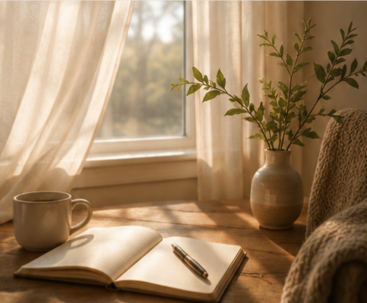 A quiet morning moment — a journal, coffee, and olive branch by a sunlit window