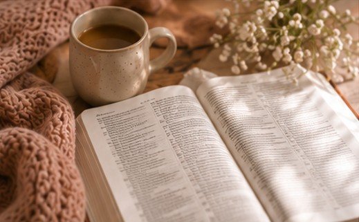 An open Bible beside a cup of coffee and soft white flowers in warm morning light