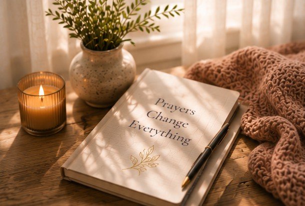 An open journal reading Prayers Change Everything beside a lit candle and a soft blanket in warm light