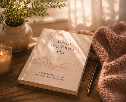 The When the Waves Hit guide styled on a wooden table with an olive branch, candle, and soft blanket
